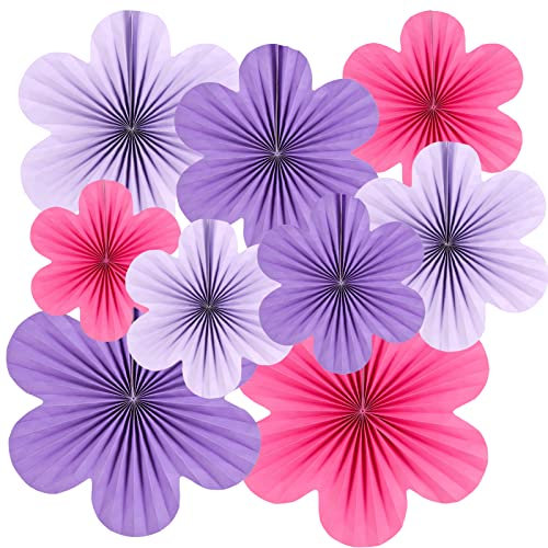 SUNBEAUTY Paper Flowers Decorations for Wall Paper Fans Classroom Decoration Paper Floral Backdrop Decor Paper Fans Decoration Hanging Paper Fans Purple Flower Wall Decor,Set of 9 (Purple)