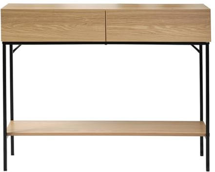 Calicosy - Console 2 Tiroirs 1 Tablette - Effet Bois - Panneaux De Particules - Structure Métal Noir - Prises De Main Intégrées - Entrée, Couloir, Salon - Style Industriel - L 100 x P 35 x H 80 cm