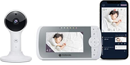 Motorola Nursery Babyphone VM64 - 4,3 WiFi Video Baby Monitor mit Kamera - Smartphone App, Magnetische halterung, große Reichweite, 2Wege-Audio, Digital Zoom, Raumtemperatur, Wiegenlieder, Nachtsicht