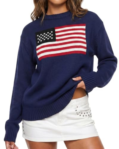 Suéter de punto de manga larga con cuello redondo para mujer, diseño de bandera estadounidense, ajuste holgado, suéter de punto casual