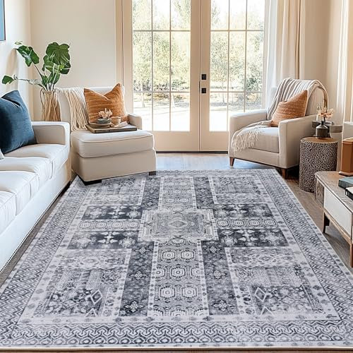 BSGIFT Teppich Läufer 80x150 Grau, Waschbarer Teppich Bettvorleger Schlafzimmer rutschfest, Boho Kurzflor Vintage Rug für Küche Esszimmer Wohnzimmer, Aesthetic Teppiche