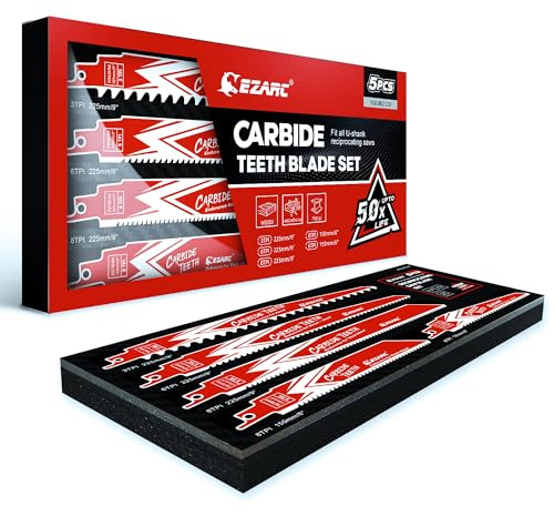 EZARC Carbide Reciprocating Saw Blades, 3, 6, 8 TPI Multi-Material, 5-Pack | Carbide Teeth, Up to 50x Longer Life Than Bi-Metal, Heavy-Duty for Demolition, Cuts Hardwood, Metal, Cast Iron, Nails