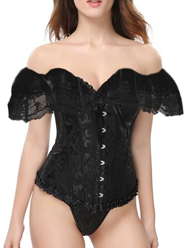 Edhomenn Women's Lace Corset Waist Shaping Slim Fishbone Bandage Drawstrings Lingerie Cincher Y2k Sexy Floral Wedding Party Bustier (10 Black, S)