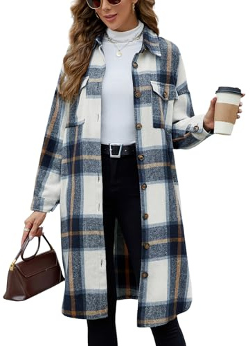 Tuopuda Veste Chemise à Carreaux en Flanelle pour Femme Manches longues Veste à Carreaux Blouse avec Boutons Long Manteau Mélange de laine(Bleu,L)