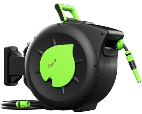 YESTAR Schlauchtrommel 30m+2m, Wandmontage Schlauchbox mit Aufroll-Automatik & 180° Schwenkbar, Inkl Spritze & Montagehilfe, für Gartenbewässerung & Autowäsche