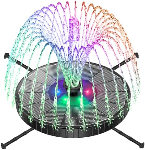 SZMP Fuente Solar Colorido Led, 3.5W Bomba de Agua Solar Vidrio, 3 Modos de Ajuste de Altura de Agua, 2000mAh Batería, 7 Boquillas & Varillas Giratorias Fuente para Estanque para Jardín (Negro)