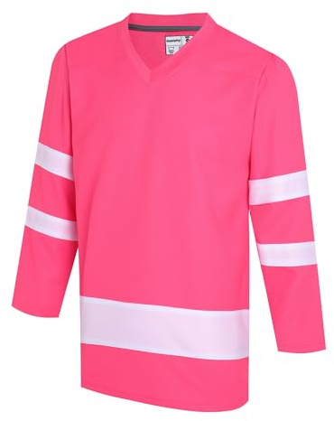 Gabiphy Pink Ice Hockey Jerseys for Men Women Boys Girls Running Shirts Athletic Tops Casual T-Shirt Sports Game Clothing Hot Pink Jersey-White Stripe,Men Size X-Large