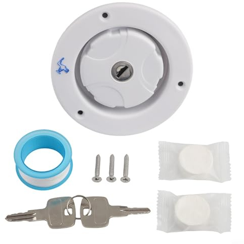 Cubierta de entrada de agua para remolque RV de 80 mm de profundidad con núcleo de bloqueo, aleación de zinc y llave, cinta de prevención de fugas, compatible con múltiples tipos de vehículos (blanco)