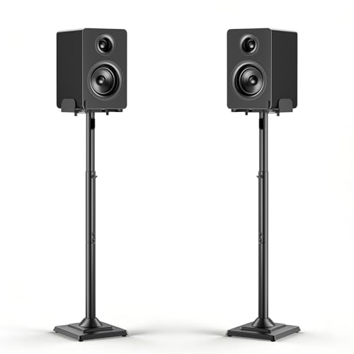 Soporte Altavoces Pie, Sonido Envolvente, Ajustable en Altura de 86 a 92 cm, Carga Máx 5 kg, Soporte para Altavoces de Estantería con Gestión de Cablesy Base, Compatible con Sonos/Bose/JBL