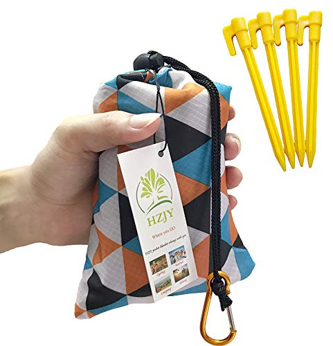 HZJOYUE Pocket Blanket 71x55, Lightweight Compact Sandproof Waterproof Outdoor Blanket for Beach, Hiking, Camping, Travel, Festivals, Picnic with Pockets, Loops, Stakes, Carabiner