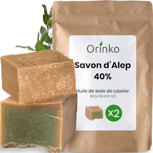 ORINKO® Jabón de Alepo Natural 40% Aceite de Laurel x2 - Pastilla Artesanal con Aceite de Oliva para Cuerpo y Rostro - Jabón Ecológico sin Químicos para Hidratación y Cuidado Diario de la Piel