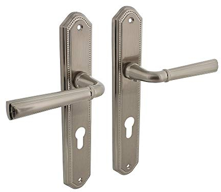 Türdrücker Türbeschlag Nickel matt Modell Hannover Langschildgarnitur Langschild-Türbeschlag Türklinke Türgriffe Drückergarnitur Vintage Landhausstil Klassik (Profilzylinder)