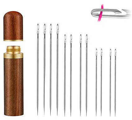Her Kindness Set di 12 aghi da cucito autofilettanti, aghi da ricamo, in acciaio inox, con cilindro ad ago in legno