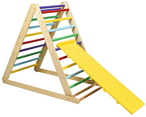 GLACER Wooden Climbing Triangle Ladder with Ramp, 2 in 1 Foldable Toddler Triangle Climber for Sliding & Climbing, Develop Strength, Balance and Motor Skills (Colourful)