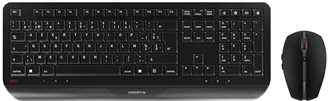 CHERRY GENTIX Desktop, Ensemble Clavier et Souris sans Fil, Disposition Belge (AZERTY), Radio 2,4 GHz, Repose-Poignets Intégré, Souris Symétrique, Noir