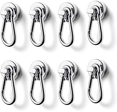 BTLIN Magnetic Hooks Extra Strong, Heavy Duty Neodymium Magnet with Carabiner Hook Maximum Load Capacity 32LBS for Indoor Outdoor Grill Warehouse Office Factory 8Pcs