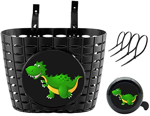 YeloYolker Cesta de Bicicleta para niños con Timbre, Bonita Cesta para el Manillar Delantero de la Bicicleta, Cesta portátil de plástico para Triciclo, para la Escuela, al Aire Libre, Ciclismo (Dino)