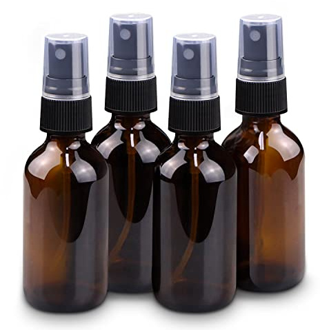 Wedama 2 oz Mini Glass Spray Bottles, Empty Small Spray Bottles with Funnel Dropper, Fine Mist for Hair, Travel, Plants, Cleaning Solutions and Skin Care (4 Pack Amber)