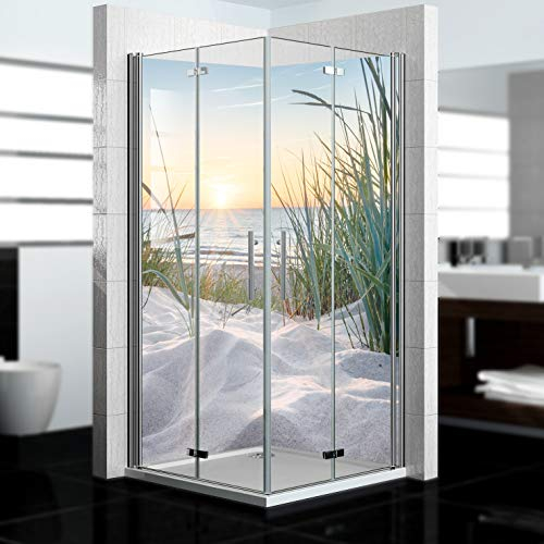 dedeco Eck-Duschrückwand wasserfest Motiv: Sonnenaufgang V1, 2 x 80x210 cm, als Badrückwand zum Fliesenersatz, als Dekorwand, Wandverkleidung und Duschplatte aus Aluminium - Made in Germany
