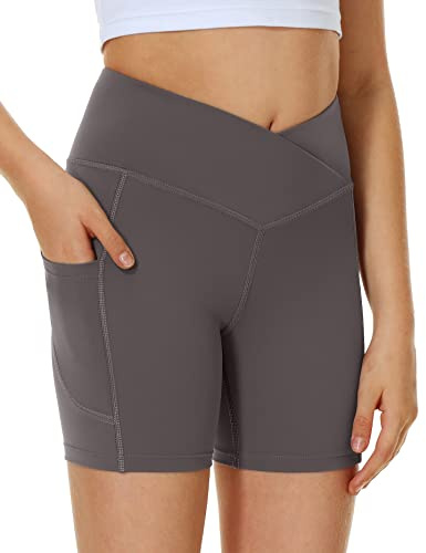 Ewedoos Girls' Athletic Shorts with Pockets, Volleyball, Dance, Yoga, Running, Basketball, Cycling, Workout - Grey, Size Large
