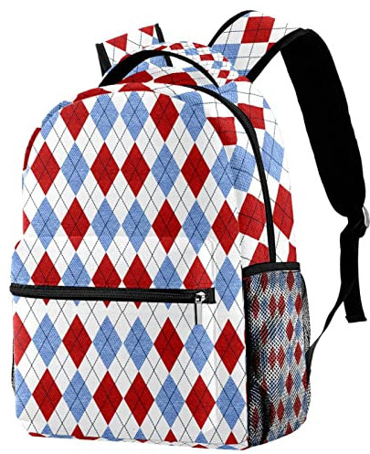 Leichter Rucksack, Argyle, blau, rot, geometrisch, klassisch, lässiger Tagesrucksack