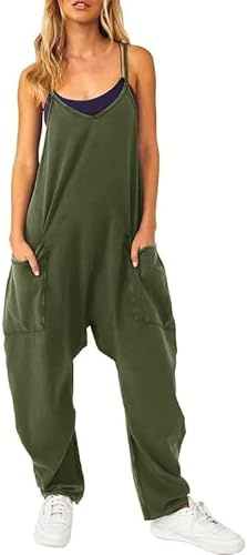 Litthing Mono Peto Suelto De Mujer Verano Tirantes Finos Ropa Pierna Ancha Con Bolsillos Casual Color Sólido Playa Pantalón Largo Harem Una Pieza Holgado Suave y Confortable Jumpsuit