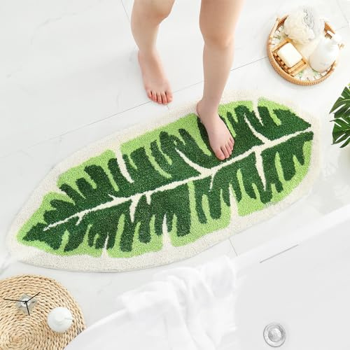 Litabel Long Bathroom Runner Rug 20x47, Non-Slip Cute Palm Shaped Bath Mat, Large Bathroom Rug Runner Green Banana Leaf Plant Tufted Rug Fun Plush Carpet for Bedroom Kitchen Bathtub Doormat