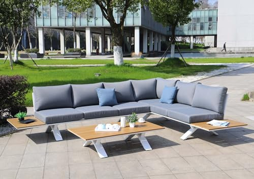 Mendler Aluminium Garten-Garnitur HWC-M62, Sitzgruppe Garten-/Lounge-Set Sofa, Holzoptik - Gestell weiß, Polster hellgrau
