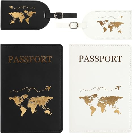 Qinsky Fruit Reisepasshülle und Gepäckanhänger Set,2 Stück Kunstleder Passhülle mit 2 Kofferanhänger Set für Kreditkarten Ausweis und Reisedokumente (Schwarz,weiß)