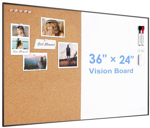 ARCOBIS Korktafel, Whiteboard-Kombination, 90 x 60 cm, Pinnwand mit Schwarzen Rahmen, Magnetische, Trocken Abwischbare Tafel und Korktafel für die Wand, Sichttafel für Zuhause, Büro, Schule