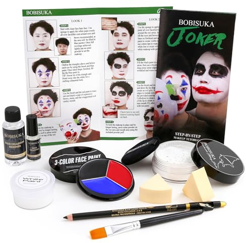 Halloween Joker/Clown Makeup, Complete Joker/Clown Makeup Kit Face Paint SFX Character Set, Professional Joker Make Up Kits for Art Costume, Dress-Up Party, Cosplay, Stage & Film