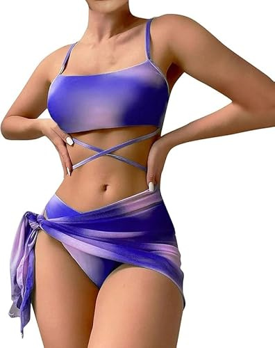 BSLVWG Women 3 Piece Bikini Sets with Skirt Halter Bikini Top Sexy Triangle Bikini Bottoms Beach Swimsuit Swimwear Bathing Suits (UK, Alpha, L, Regular, Regular, Purple)