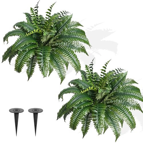 FAJUNZH 2 Pack Fake Artificial Ferns with Spike for Outdoors Look Real, 38 Branches Large Faux Boston Planter Realistic UV Resistant Hanging Artificial Fake Plants for Porch Patio