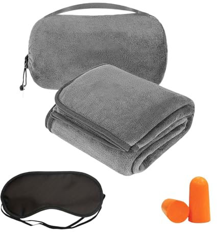 tintoke MantaViaje,mantadeviaje Ultraligera,Mantadeviaje 2 en 1,MantaDeViaje Plegable,Manta de avión,con Tapones para los oídos y Antifaz, Utilizado en Coches, Aviones, Camping, Viajes, etc. (Gris)