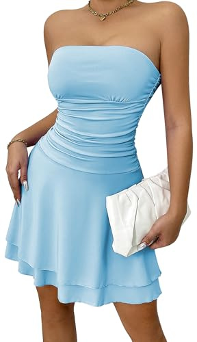 Ausing Off shoulder bodycon klänning, sexig kort nattklubb klänning, veckade sommarmode axelbandslösa klänningar, klubb/fest/cocktail, XS–L, Blå, L