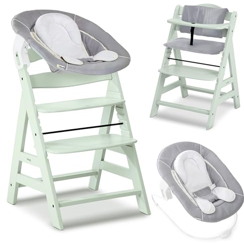 hauck Seggiolone Pappa Alpha Plus Newborn - Sediolone Pappa Bimbi con Sdraietta Neonati Dondolo e Cuscino - Seggiolone Evolutivo Legno - (Classic, Menta)