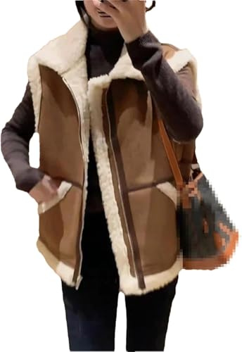 Kvinnor Vintage Tjocka Dragkedjor Ull Väst Varm Ärmlös Kavajslag Läder Lammull Jacka, Brown, XL
