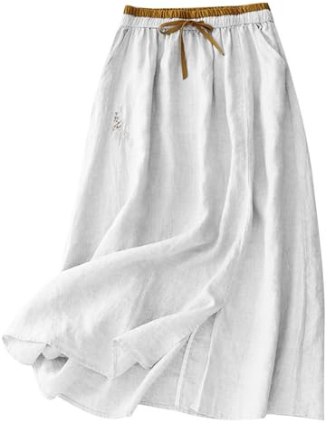 Falda de verano para mujer ligera y aireada – Elegante falda midi de línea A con bordados, bolsillos – Algodón y lino – Falda de ocio, Blanco, XL