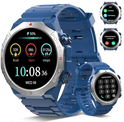 Qecnato Smartwatch Sportklocka för Män, Fitness och Sömnklocka, Militär Smartklocka med Bluetooth-Samtal, Sport, Fitnessklocka, Blå