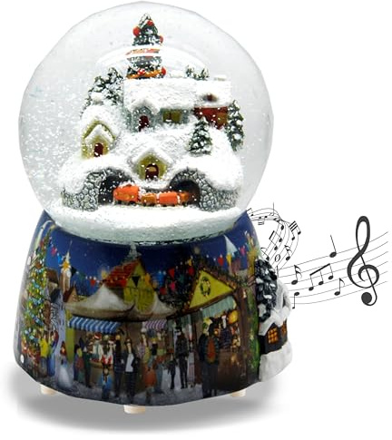 Globo di neve Natale carillon | Paesaggio di montagna con treno | Base paesaggio invernale Polyhaus | con musica | Altezza: 14 cm x 10 cm | Sfera agitante | 20063