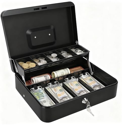 Caja de caudales con cerradura con llave, pequeña caja de dinero portátil con tablero de conteo de monedas, caja de almacenamiento resistente para dinero en efectivo, monedas y objetos de valor, ideal