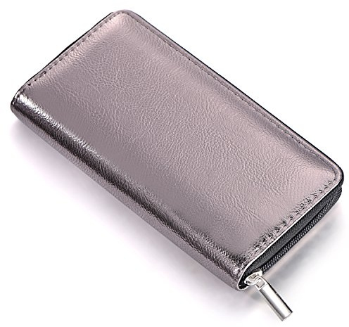 Damen Geldbörse weich im Metallic-Look mit Reißverschluss Portemonnaie in Grau 20 x 10 x 2,5 cm
