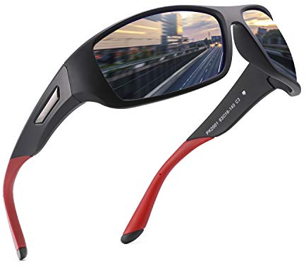 PUKCLAR Sonnenbrille Herren Polarisierte Sportbrille Radsportbrillen Fahrerbrille Damen UV400 Schutz, L, C3 Schwarz / Blau Verspiegelt