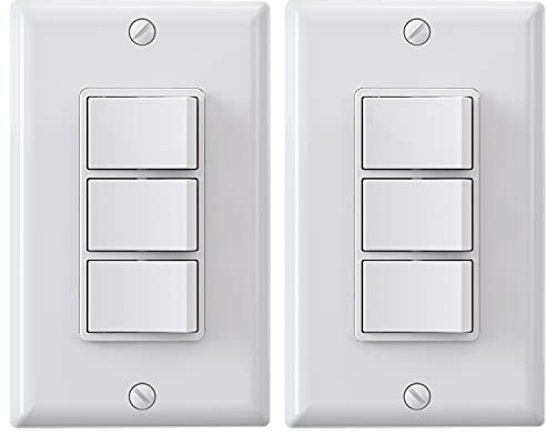 ELEGRP Decorator Triple Rocker Light Switch, Electrical Three Single Pole Paddle Switch, 15A, 120V, in-Wall On/Off, Self-grounding, Wall Plate is Included, UL Listed (2 Pack, Glossy White)