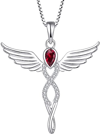 FJ Engelsflügel Kette Damen 925 Sterling Silber Schutzengel Anhänger Halskette Infinity Unendlichkeit Kette Rubin Juli Geburtsstein Kette Schmuck Geschenke für Frauen Mädchen