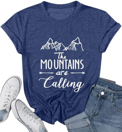 Hiking Shirts for Women Workout Tees Mountain Womens Tops Cute Letter Print Short Sleeve Simple Athletic Blouse Novelty Tshirts Climb Loose Fitting Tops, Navy Blue XL