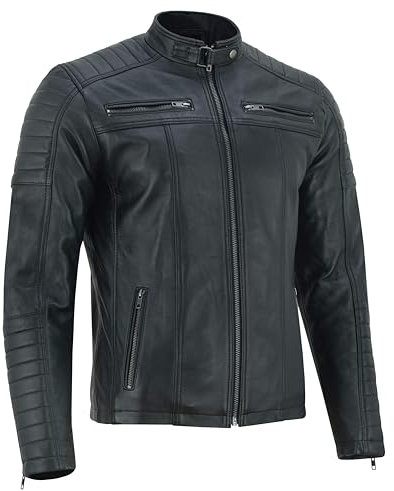 Vance The Leather Company Herren Echtleder Bikerjacke aus 100% Lammleder (as3, alpha, m, regular, regular, Schwarz)