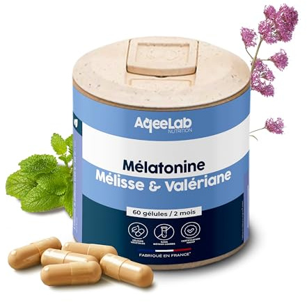 Mélatonine & plantes • Dosage maximal • 60 gélules végétales • 2 mois • Améliore le sommeil • Testée en laboratoire indépendant • Fabriquée en France • AqeeLab Nutrition : la marque écoresponsable