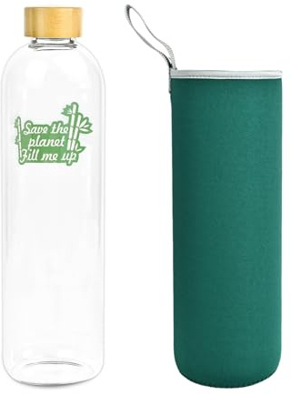 Bouteille d'eau en verre 1,5 L 1500 ml avec couvercle en bambou verre borosilicate avec étui en néoprène vert écologique Save the planet fill me up recyclable réutilisable sans BPA
