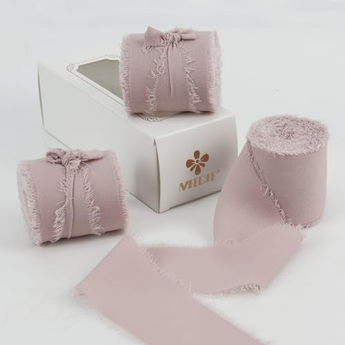 MEEDEE Frayed Pink Chiffon Ribbon Dusty Rose Chiffon Silk Ribbons 2 Inch Dark Pink Ribbon for Crafts Chiffon Ribbons for Gift Wrapping Wedding Invitation, Bridal Bouquet (3 Rolls 21 Yards)